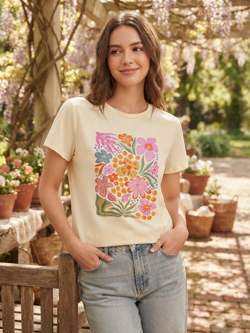 Take 50% OFF-SHEIN Women’s Cream Floral Graphic Tee, Size-XL